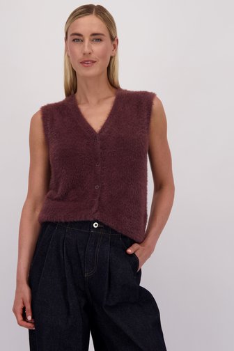 Voorkant van Bordeaux fluffy mouwloze cardigan door Liberty Island voor Dames