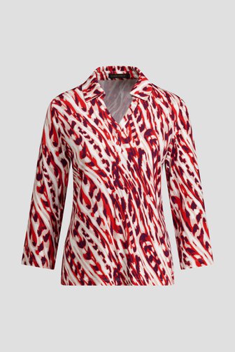 Voorkant van Bordeaux-rode polo met abstracte print  door Claude Arielle voor Dames