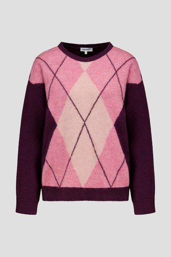 Voorkant van Bordeaux-roze geruite trui door More & More voor Dames