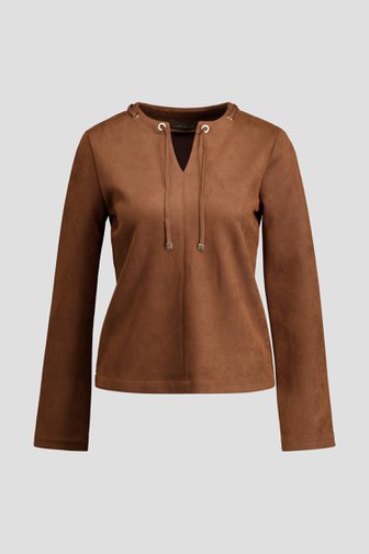 Voorkant van Bruin faux suède T-shirt met lange mouwen door Claude Arielle voor Dames