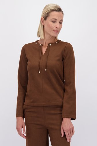 Voorkant van Bruin faux suède T-shirt met lange mouwen door Claude Arielle voor Dames