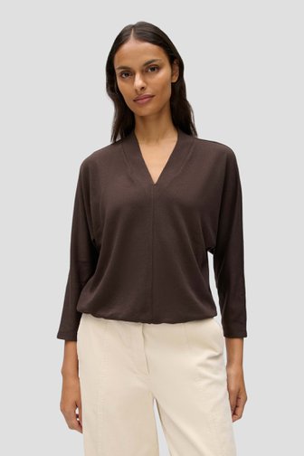 Voorkant van Bruin geribd T-shirt met 3/4 mouwen door Opus voor Dames