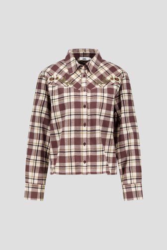 Voorkant van Bruin houthakkershemd met geborduurde bloemen door Louise voor Dames