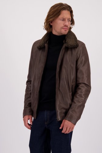 Voorkant van Bruin leren pilotenjack door e5 voor Heren