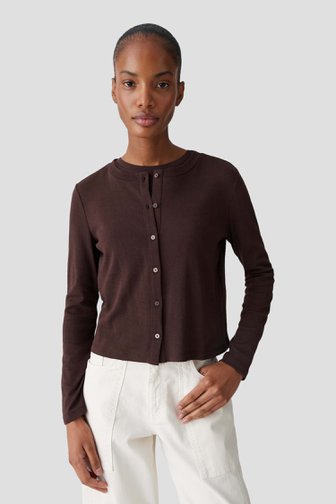 Voorkant van Bruin T-shirt met knopen door Opus voor Dames