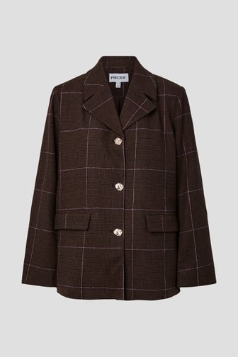 Productfoto 1 van Bruine blazer met rode geruit motief  door Pieces voor Dames