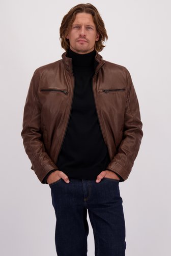 Voorkant van Bruine leren jas door e5 voor Heren