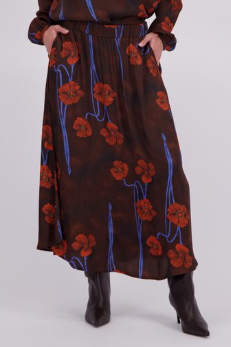 Voorkant van Bruine maxirok met oranje bloemenprint  door More & More voor Dames