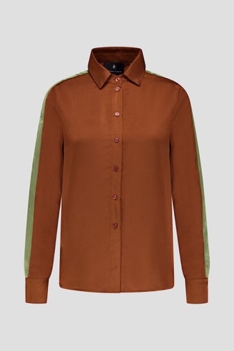 Voorkant van Bruine satin look blouse met groen mouwaccent door AC by Annelien Coorevits voor Dames