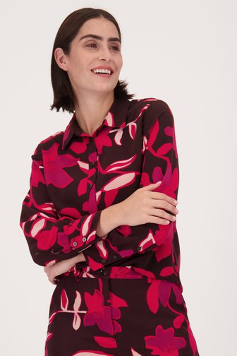 D'Auvry Burgundy blouse met fuchsia bloemenprint