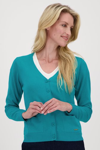 Cardigan turquoise avec boutons ton sur ton, female, Marque: Claude Arielle