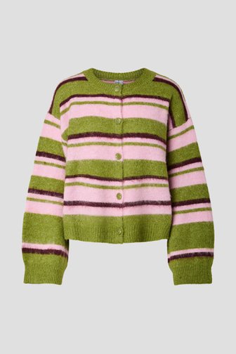 Le devant de Cardigan vert à motif rayé rose et bordeaux de Pieces pour Femmes