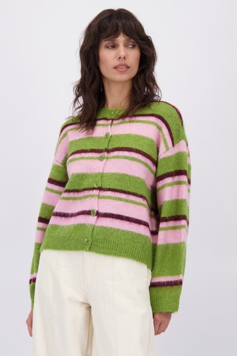 Le devant de Cardigan vert à motif rayé rose et bordeaux de Pieces pour Femmes