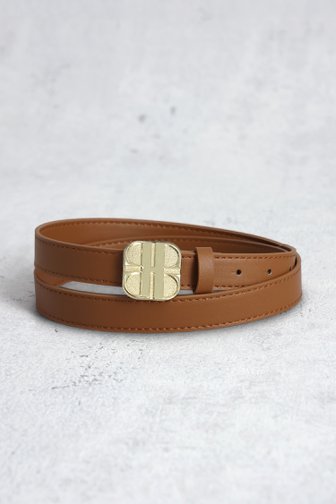 Voorkant van Cognac riem met goudkleurige logogesp door Laurent David voor Dames