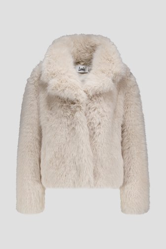 Le devant de Court manteau beige effet fausse fourrure de Louise pour Femmes