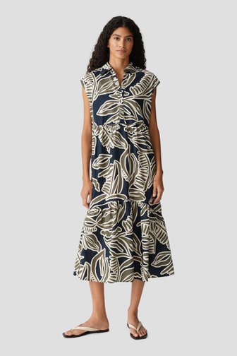 Donkerblauw midi kleedje met groene bladerprint van Opus voor Dames