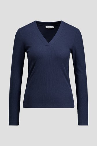 Voorkant van Donkerblauw T-shirt met V-hals en lange mouwen door Liberty Island voor Dames