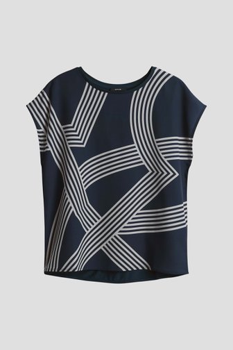 Voorkant van Donkerblauw T-shirt met witte grafische print door Opus voor Dames