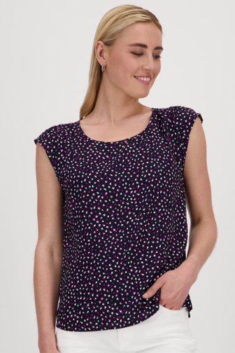 Opus Donkerblauwe blouse met print in ecru en roze