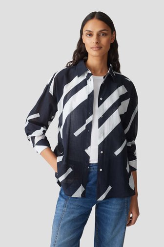 Donkerblauwe blouse met wit gestreept motief van Opus voor Dames