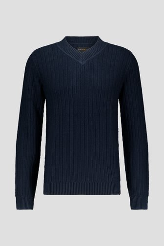 Voorkant van Donkerblauwe geribde trui met V-hals door Ravøtt voor Heren