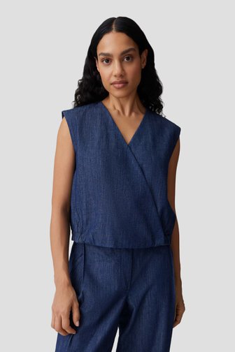 Voorkant van Donkerblauwe mouwloze blouse met jeanslook  door Opus voor Dames