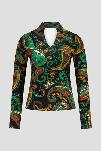 Voorkant van Donkerblauwe polo met groene paisley print door Claude Arielle voor Dames