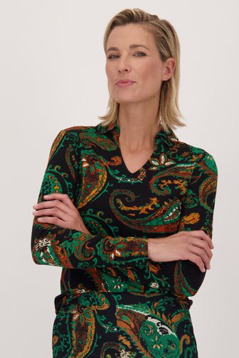 Claude Arielle Donkerblauwe polo met groene paisley print