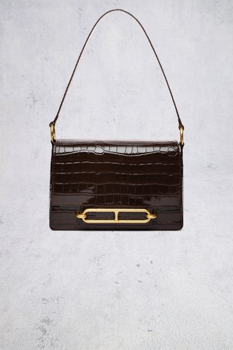 Voorkant van Donkerbruine handtas met krokodillenstructuur door Laurent David voor Dames