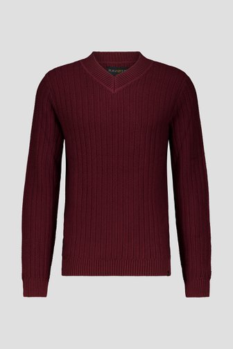 Voorkant van Donkerrode geribde trui met V-hals door Ravøtt voor Heren