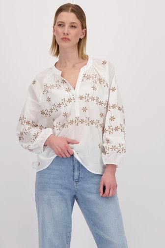 Voorkant van Ecru blouse met geborduurd bloemenmotief door More & More voor Dames
