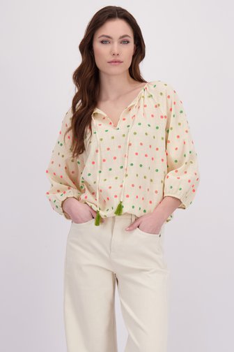 Voorkant van Ecru blouse met kleurrijke kwastjes door Geisha voor Dames