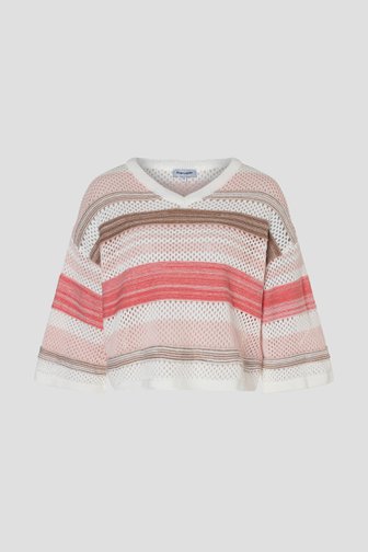 Voorkant van Ecru gebreide trui met roze gestreept motief  door More & More voor Dames