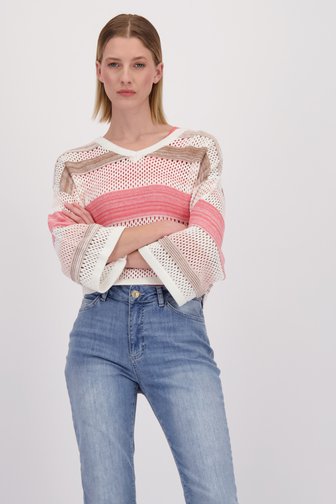 Voorkant van Ecru gebreide trui met roze gestreept motief  door More & More voor Dames