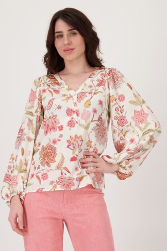 Ecru glanzende blouse met roze bloemenprint  van Geisha voor Dames