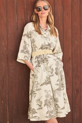 Ecru midi kleedje met kaki jungleprint van More & More voor Dames