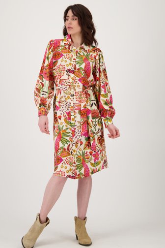 Geisha Ecru midi kleedje met kleurrijke bloemenprint