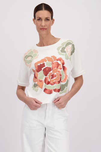 More & More Ecru sweater met kaki-roze glitterbloem