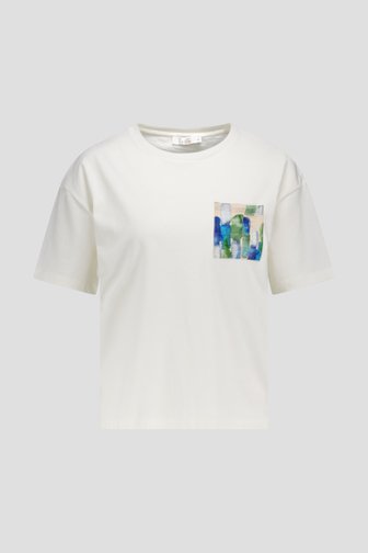 Ecru T-shirt met blauw-groene print van Liberty Loving nature voor Dames