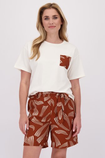 Voorkant van Ecru T-shirt met roestbruin borstzakje door Liberty Loving nature voor Dames