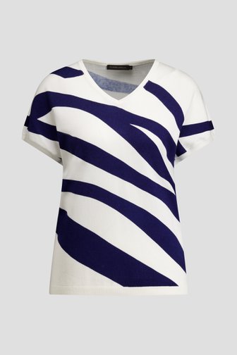 Voorkant van Ecru truitje met blauw gestreept motief door Claude Arielle voor Dames