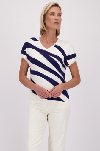 Voorkant van Ecru truitje met blauw gestreept motief door Claude Arielle voor Dames