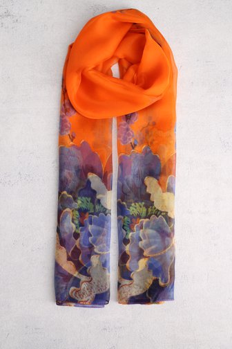 Fijn oranje sjaaltje met blauwe bloemenprint van Liberty Island voor Dames