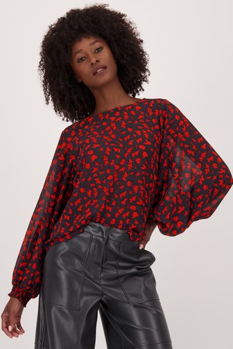 Louise Fijne donkergrijze blouse met rode bloemenprint