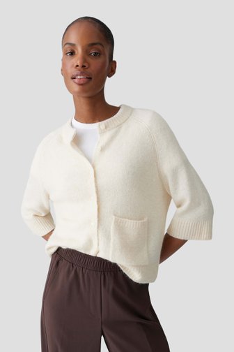 Voorkant van Fijngebreid beige vest met halve mouwen door Opus voor Dames