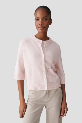 Voorkant van Fijngebreid roze vest met halve mouwen door Opus voor Dames