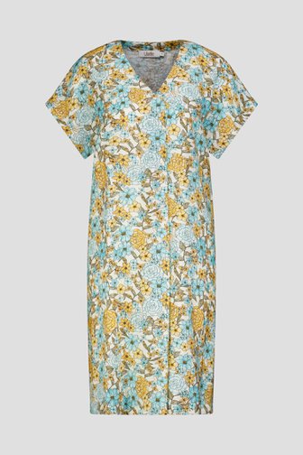Voorkant van Fleurig kleedje met blauw-oranje bloemenprint  door Libelle voor Dames