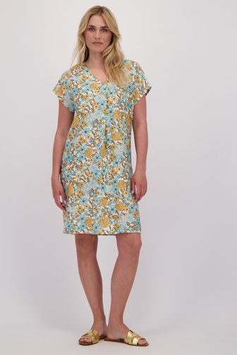 Voorkant van Fleurig kleedje met blauw-oranje bloemenprint  door Libelle voor Dames