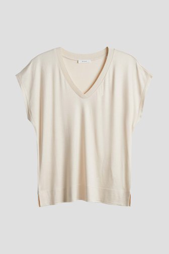 Voorkant van Glanzend lichtbeige T-shirt met V-hals  door Opus voor Dames