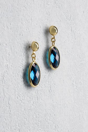 Voorkant van Gouden oorbellen met blauwe ovale hanger door Liberty Island voor Dames